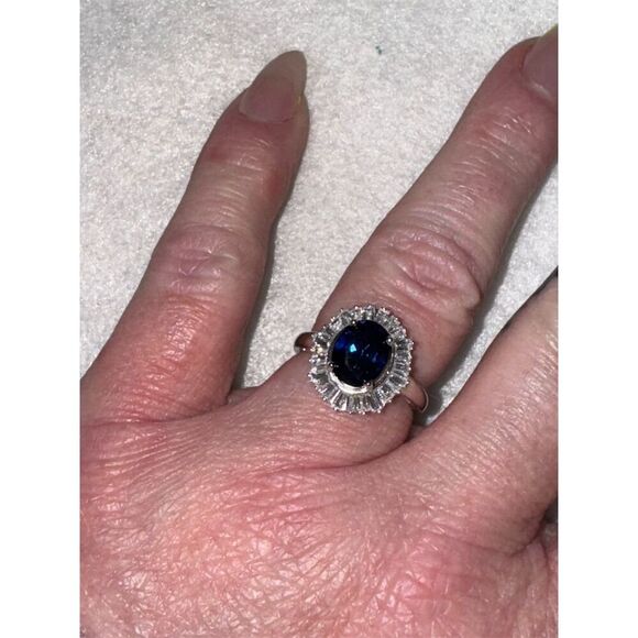 Oval Blue Sapphire Halo Ring  Classic Style Sterling silver size 7 - Picture 8 of 9